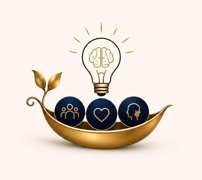 PEA-Genius mark: a lightbulb with a brain icon, above a gold pod cradling three icons for people, emotions, and attitudes